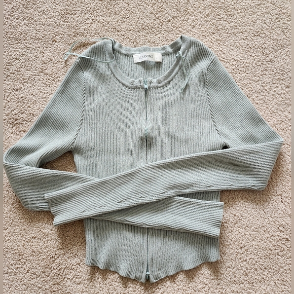 free for any purchase 💗 Glasson soft teal ribbed knit zip crop cardigan size XS - Picture 3 of 8